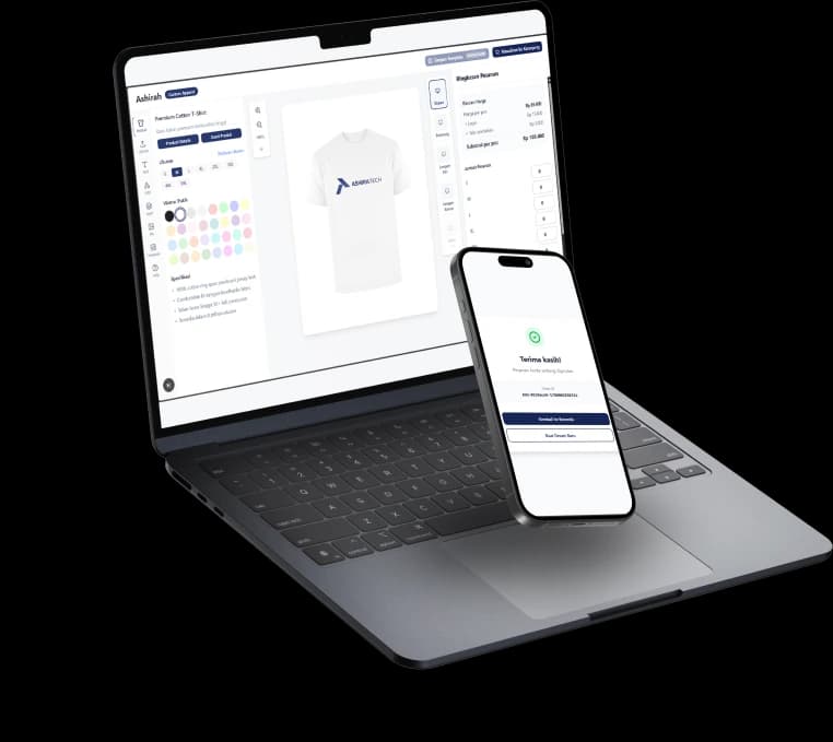 Aplikasi kustomisasi ASHIRATECH di laptop dan konfirmasi pesanan di iPhone